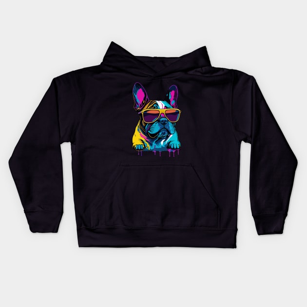 Neon French Bulldog with Sunglasses Kids Hoodie by ReaBelle